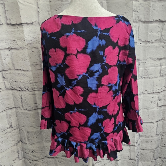 Banana Republic Top Womens Medium Floral Pink Blue Art Bold Pleated Ruffle - Picture 12 of 15